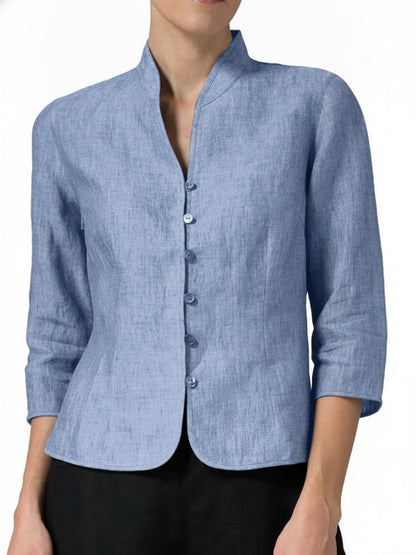 Women's Three-Quarter Sleeve Blazer with Officer Collar and Button Closure - 1