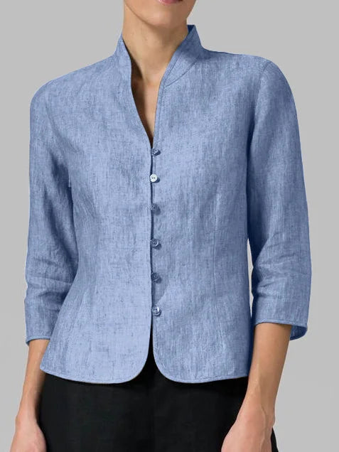 Femme Blazer Manches Trois-Quarts avec Col Officier et Boutonnage