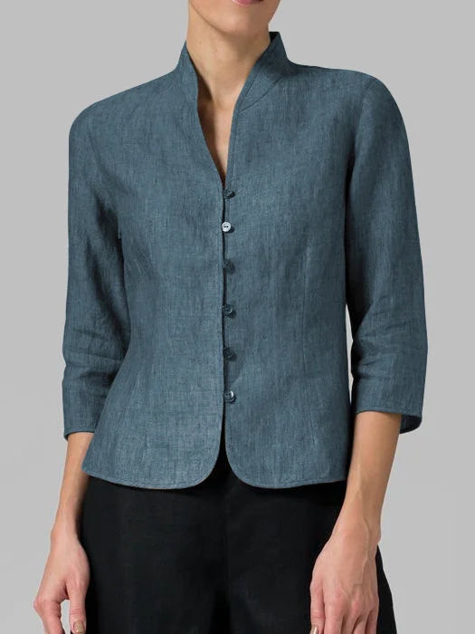 Femme Blazer Manches Trois-Quarts avec Col Officier et Boutonnage