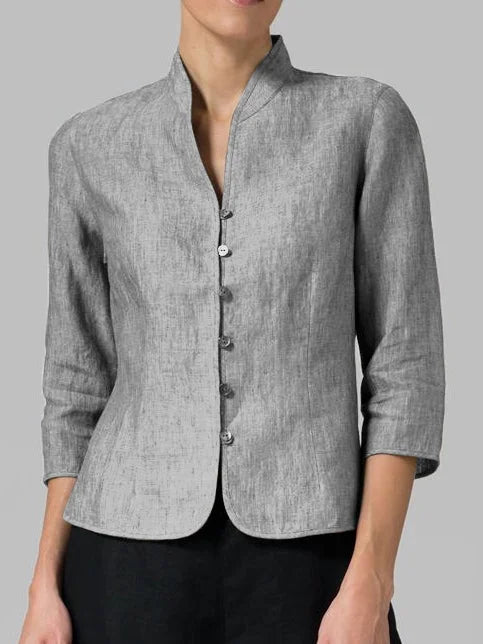 Femme Blazer Manches Trois-Quarts avec Col Officier et Boutonnage
