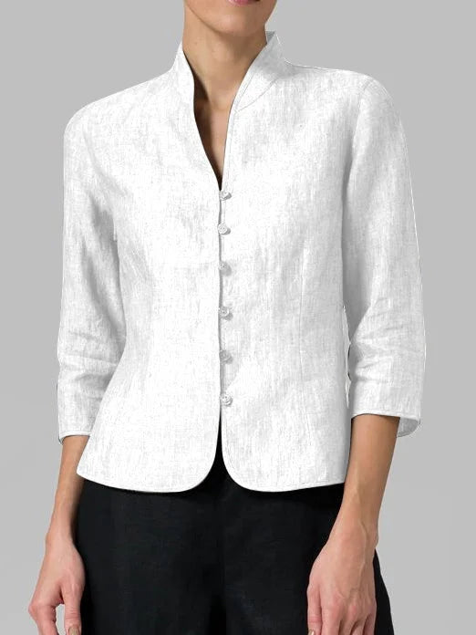 Women's Three-Quarter Sleeve Blazer with Officer Collar and Button Closure - 5