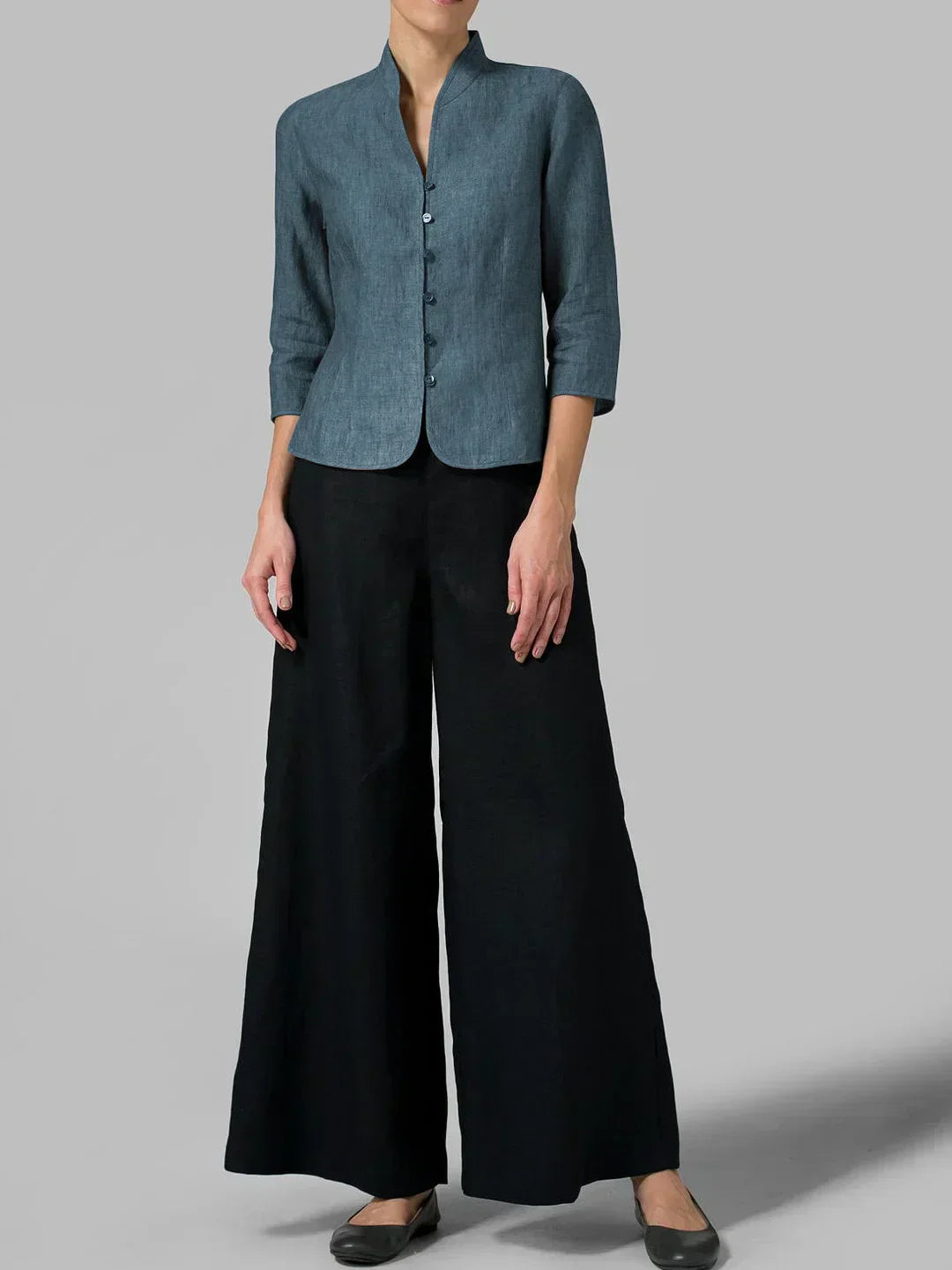 Femme Blazer Manches Trois-Quarts avec Col Officier et Boutonnage