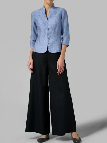 Women's Three-Quarter Sleeve Blazer with Officer Collar and Button Closure - 8