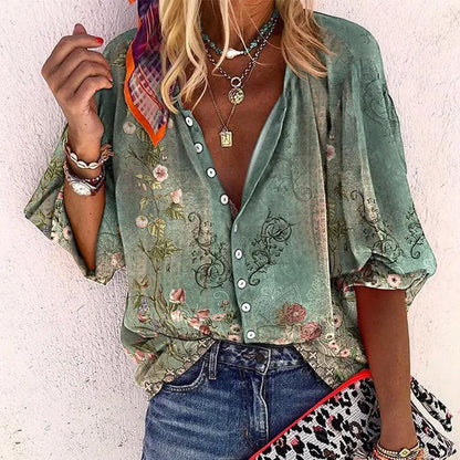 Women’s Bohemian Blouse with Batwing Sleeves, V-Neck and Floral Print - 2