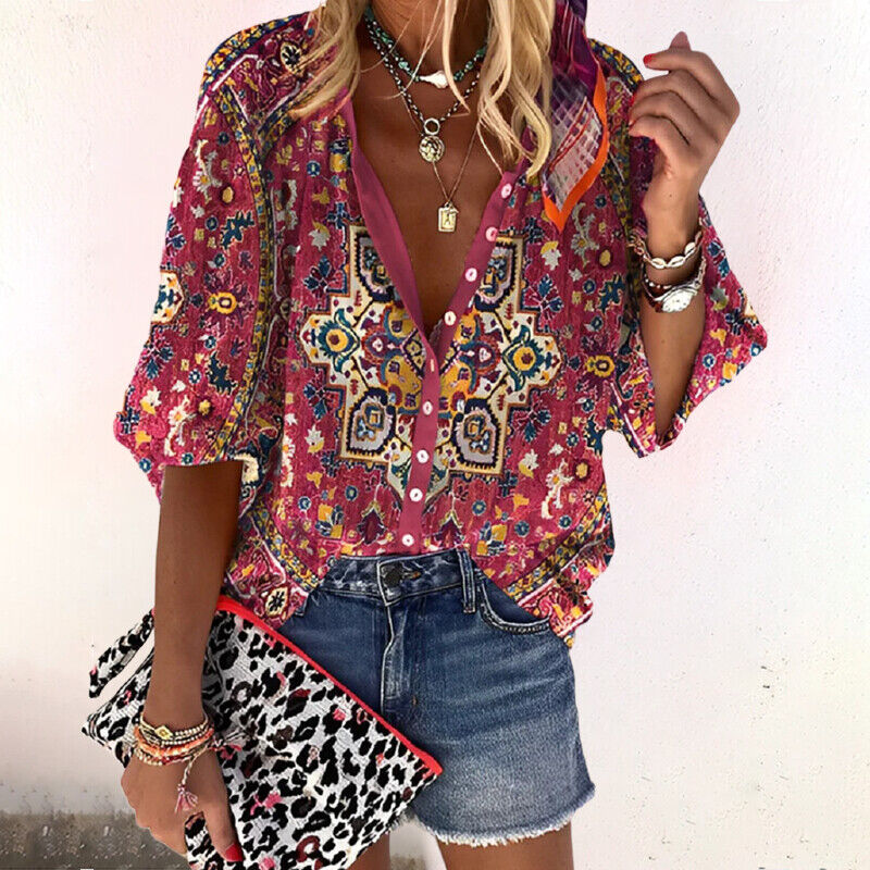 Women’s Bohemian Blouse with Batwing Sleeves, V-Neck and Floral Print - 4