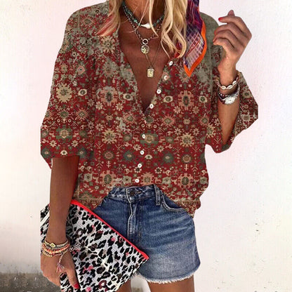 Women’s Bohemian Blouse with Batwing Sleeves, V-Neck and Floral Print - 5