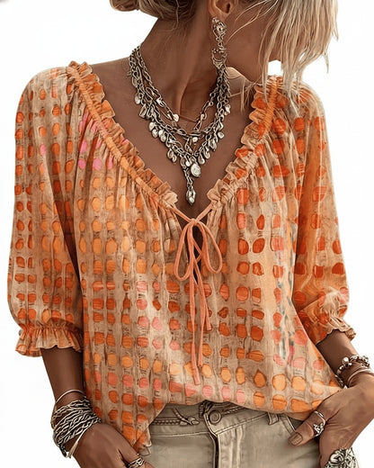 Femme Blouse Boho à Pois avec Col V Lacé et Manches Trois-quarts Bouffantes