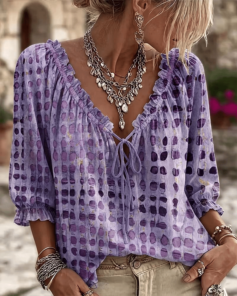 Femme Blouse Boho à Pois avec Col V Lacé et Manches Trois-quarts Bouffantes