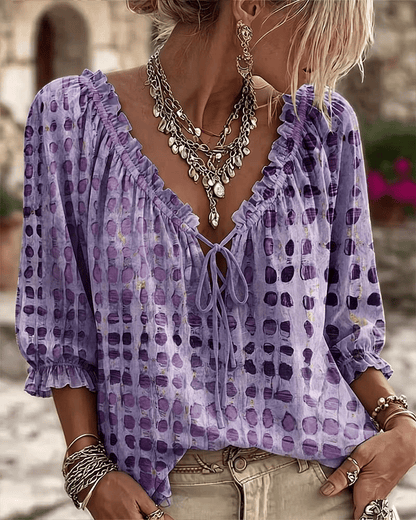 Femme Blouse Boho à Pois avec Col V Lacé et Manches Trois-quarts Bouffantes