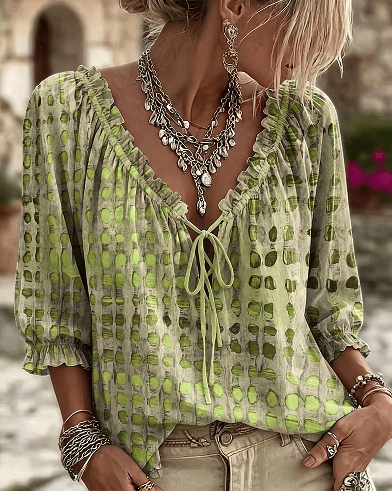 Femme Blouse Boho à Pois avec Col V Lacé et Manches Trois-quarts Bouffantes