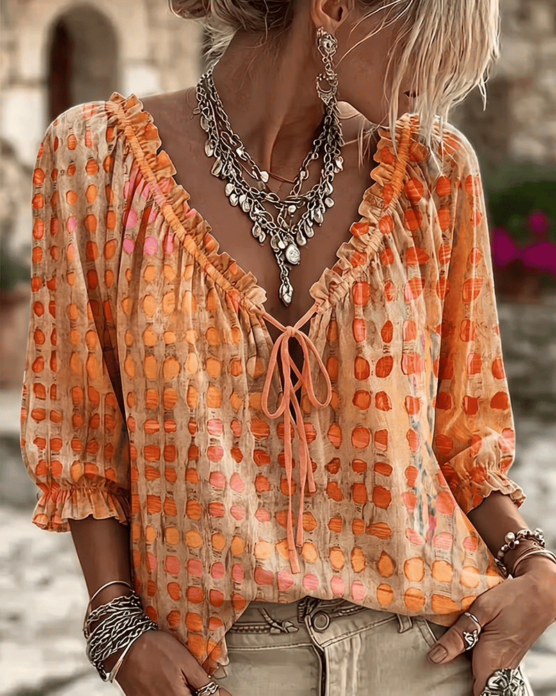 Femme Blouse Boho à Pois avec Col V Lacé et Manches Trois-quarts Bouffantes