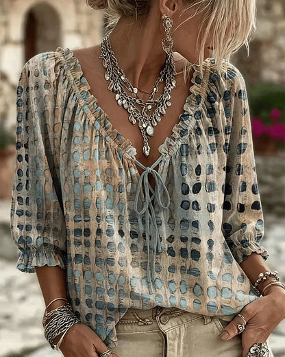 Femme Blouse Boho à Pois avec Col V Lacé et Manches Trois-quarts Bouffantes