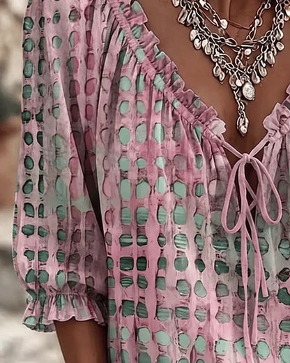 Femme Blouse Boho à Pois avec Col V Lacé et Manches Trois-quarts Bouffantes