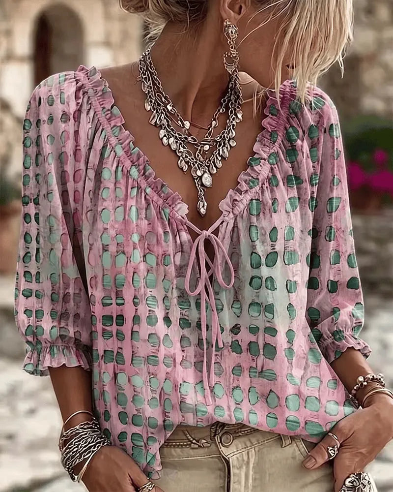 Femme Blouse Boho à Pois avec Col V Lacé et Manches Trois-quarts Bouffantes