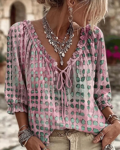 Femme Blouse Boho à Pois avec Col V Lacé et Manches Trois-quarts Bouffantes