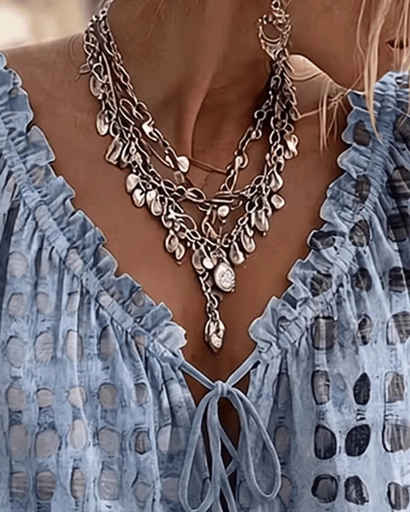 Femme Blouse Boho à Pois avec Col V Lacé et Manches Trois-quarts Bouffantes