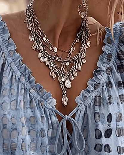 Femme Blouse Boho à Pois avec Col V Lacé et Manches Trois-quarts Bouffantes