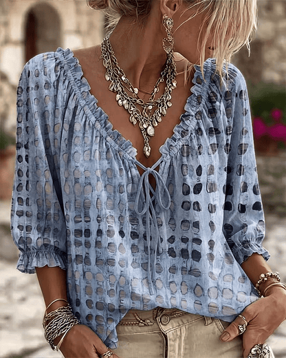 Femme Blouse Boho à Pois avec Col V Lacé et Manches Trois-quarts Bouffantes