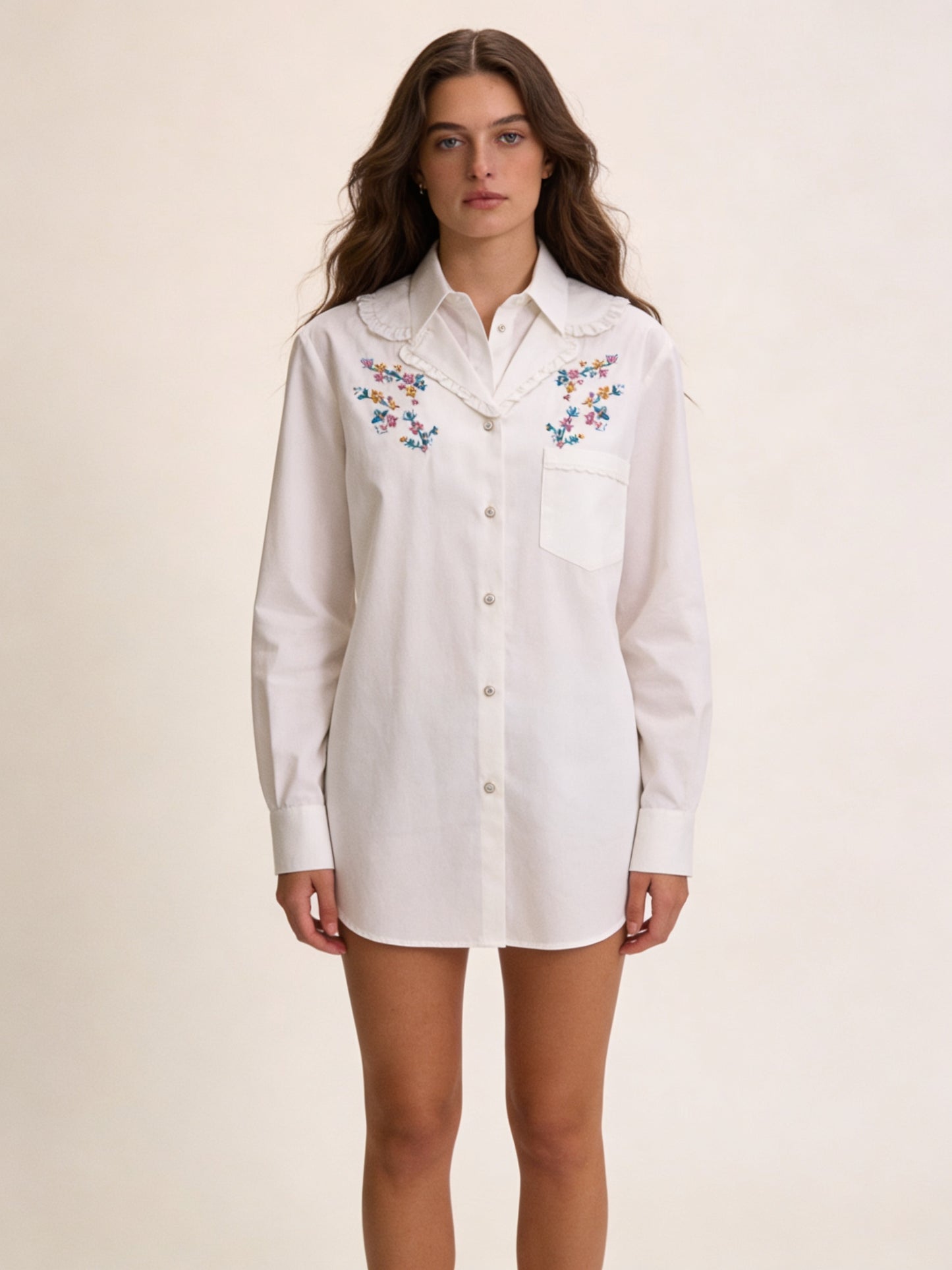 Femme Blouse Courte à Col V avec Broderies Florales 3