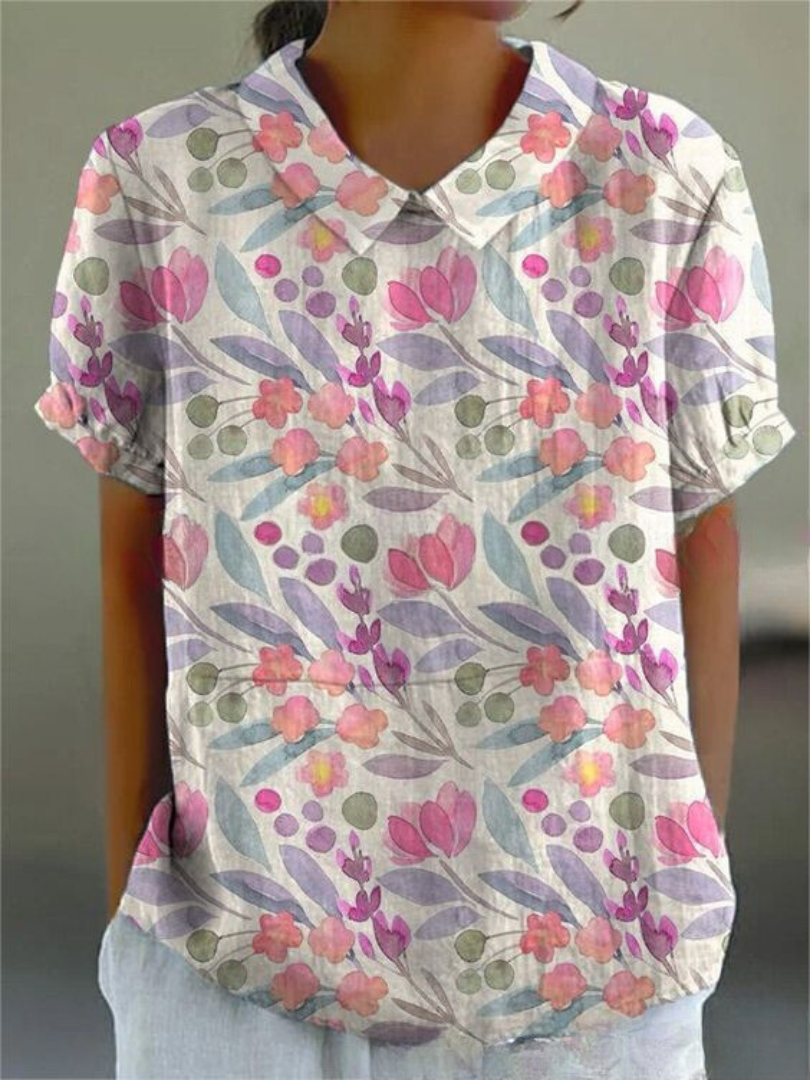 Femme Blouse Courte Manches Courtes à Col Polo et Imprimé Floral