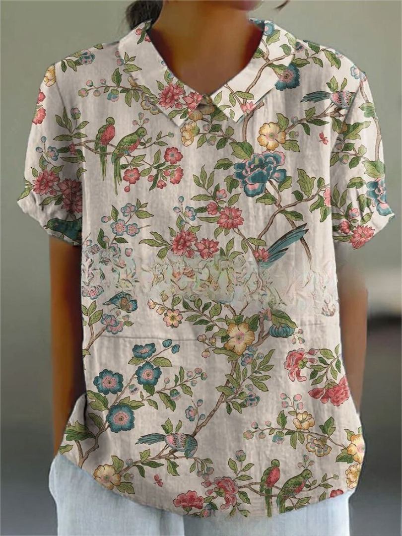 Femme Blouse Courte Manches Courtes à Col Polo et Imprimé Floral