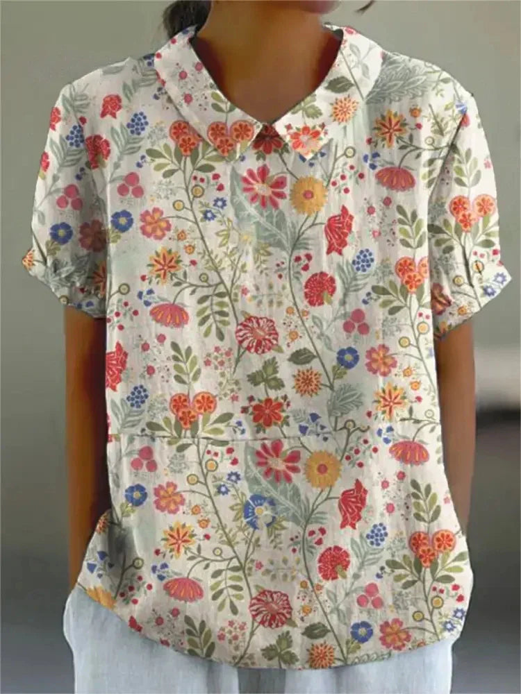 Femme Blouse Courte Manches Courtes à Col Polo et Imprimé Floral