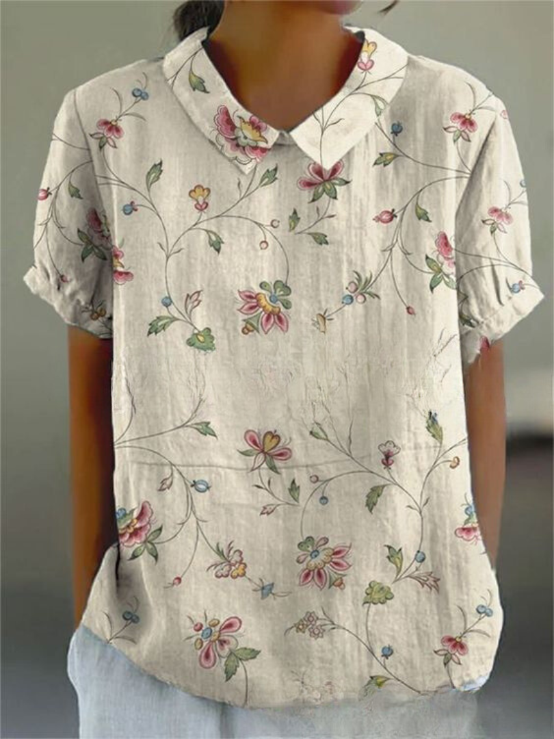 Femme Blouse Courte Manches Courtes à Col Polo et Imprimé Floral