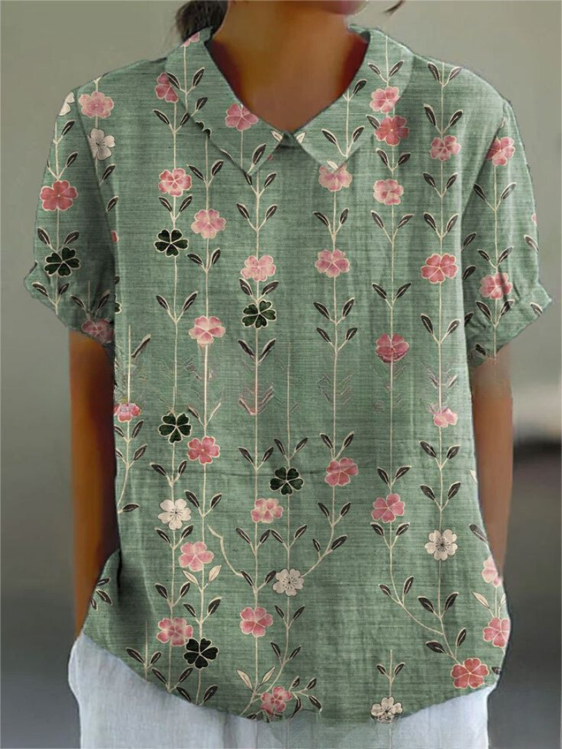 Femme Blouse Courte Manches Courtes à Col Polo et Imprimé Floral