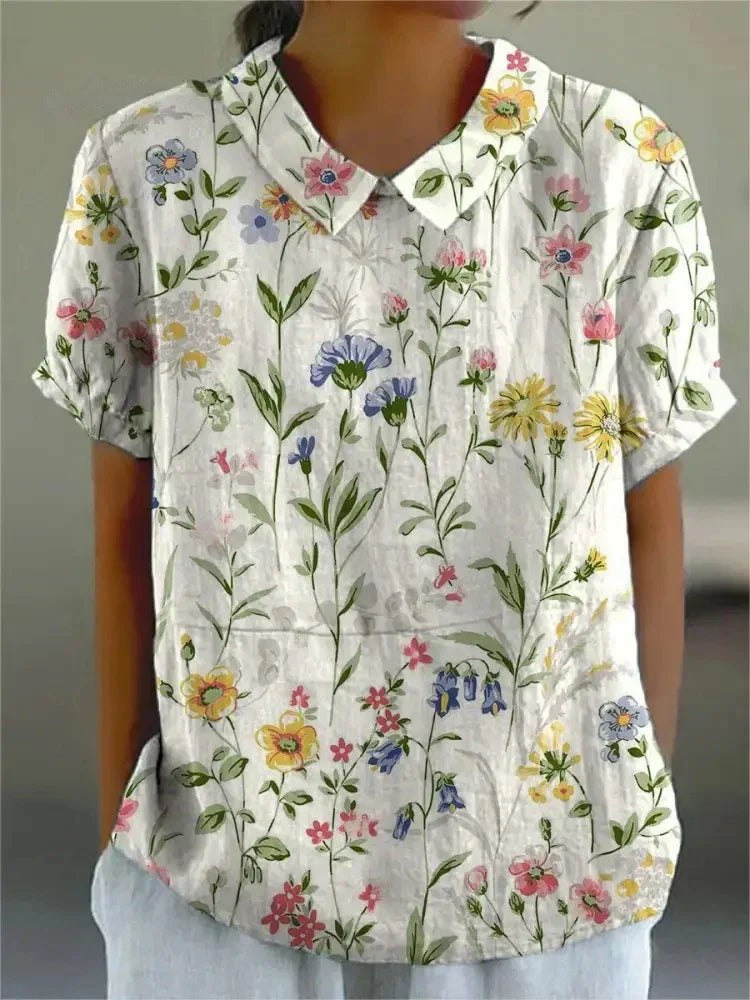 Women's Short Sleeve Blouse with Polo Collar and Floral Print - 3