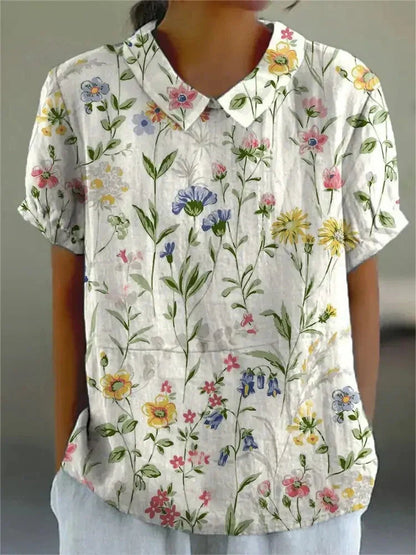 Women's Short Sleeve Blouse with Polo Collar and Floral Print - 3