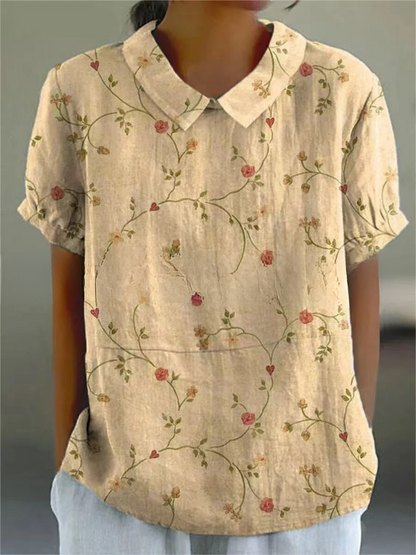 Women's Short Sleeve Blouse with Polo Collar and Floral Print - 4
