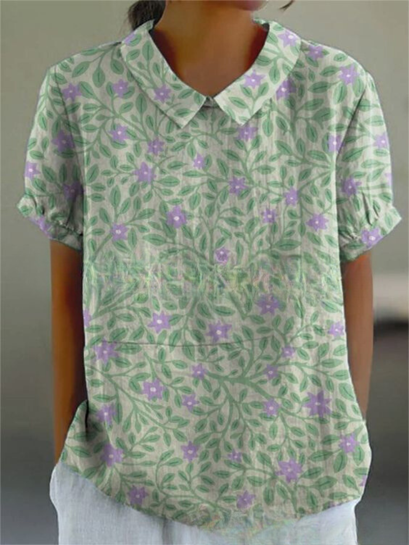 Femme Blouse Courte Manches Courtes à Col Polo et Imprimé Floral