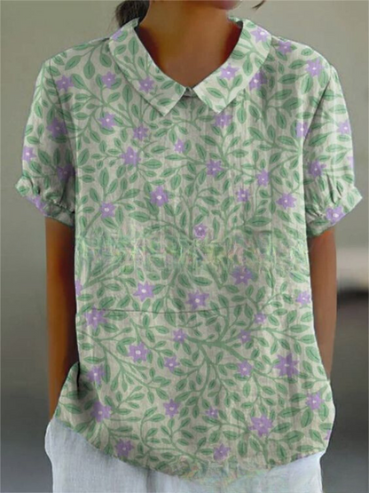 Women's Short Sleeve Blouse with Polo Collar and Floral Print - 5