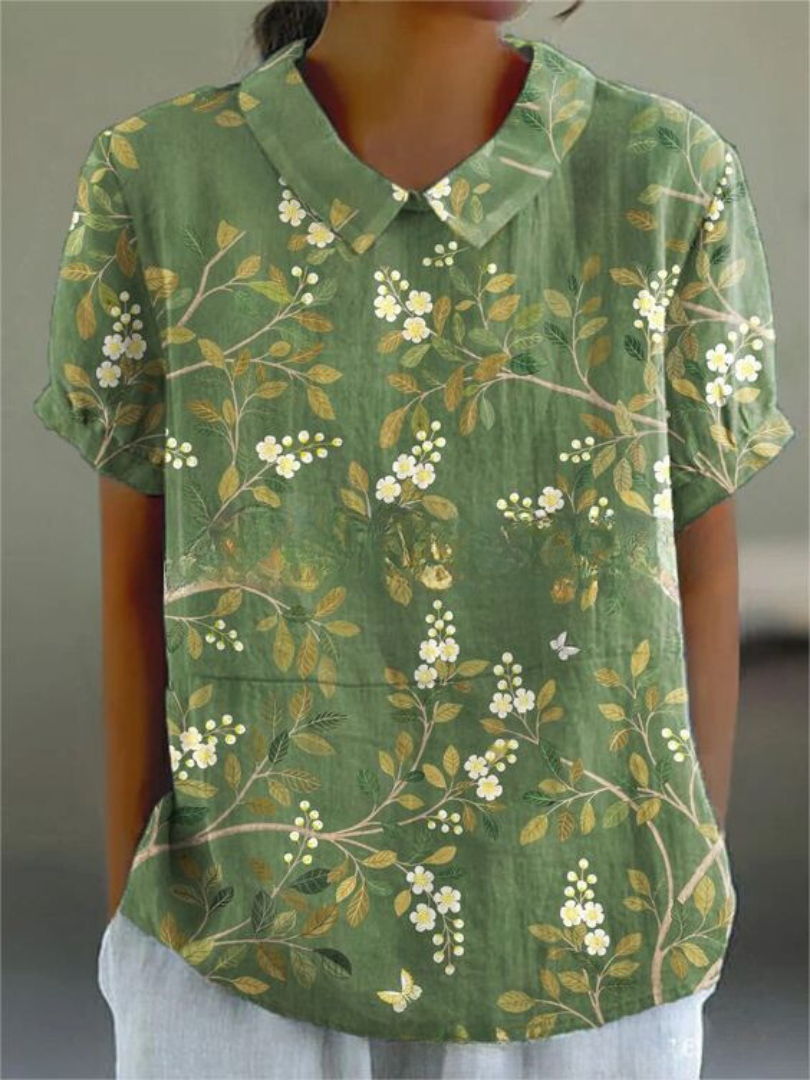 Femme Blouse Courte Manches Courtes à Col Polo et Imprimé Floral