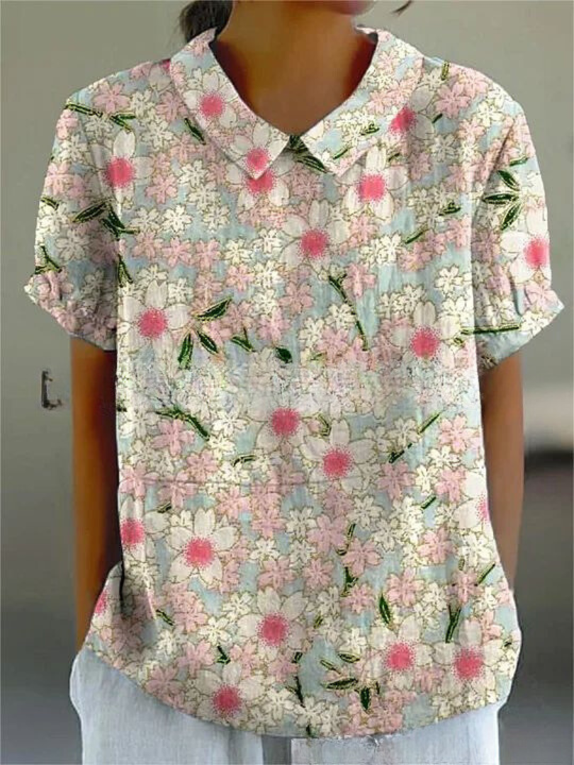 Femme Blouse Courte Manches Courtes à Col Polo et Imprimé Floral