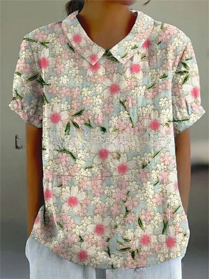 Women's Short Sleeve Blouse with Polo Collar and Floral Print - 7