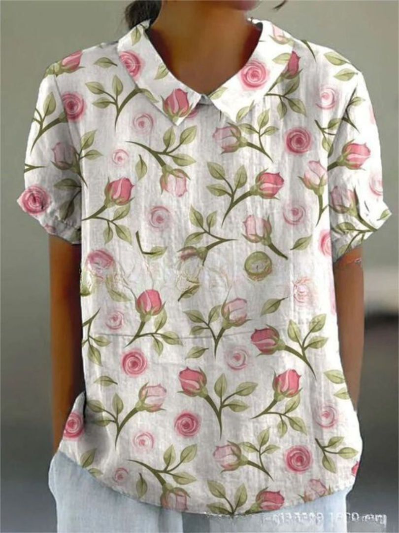 Femme Blouse Courte Manches Courtes à Col Polo et Imprimé Floral