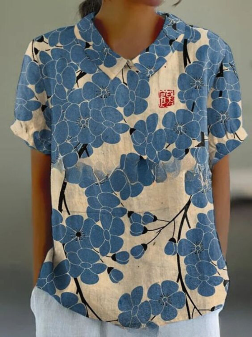 Femme Blouse Courte Manches Courtes à Col Polo et Imprimé Floral
