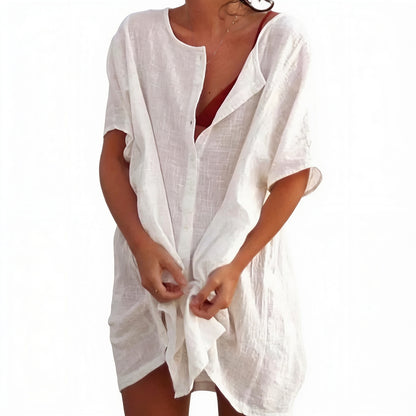 Women’s Short Beach Blouse with Short Sleeves and Oversized Buttons - 1