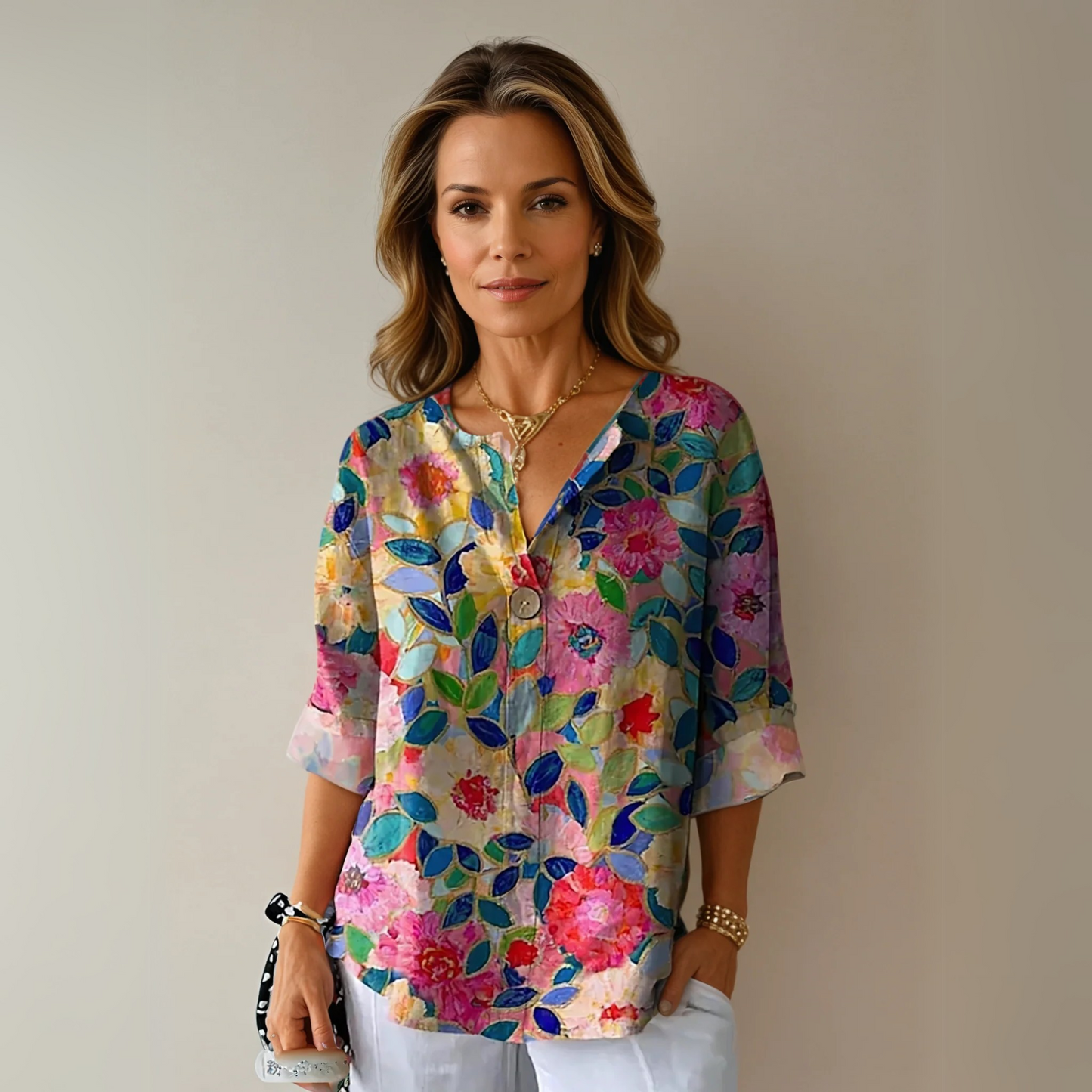 Femme Blouse Florale à Col en V et Manches Trois-Quarts Coupe Ample