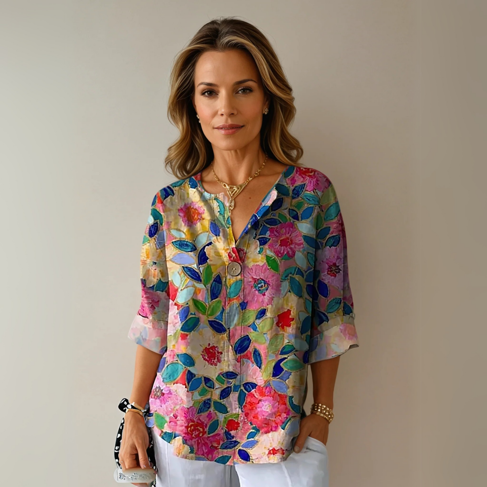 Femme Blouse Florale à Col en V et Manches Trois-Quarts Coupe Ample