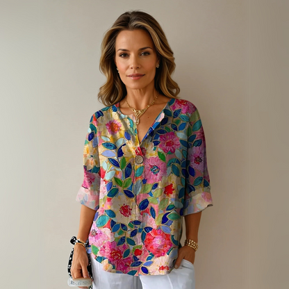 Women's Floral Blouse with V-Neck and Three-Quarter Sleeves, Loose Fit - 2