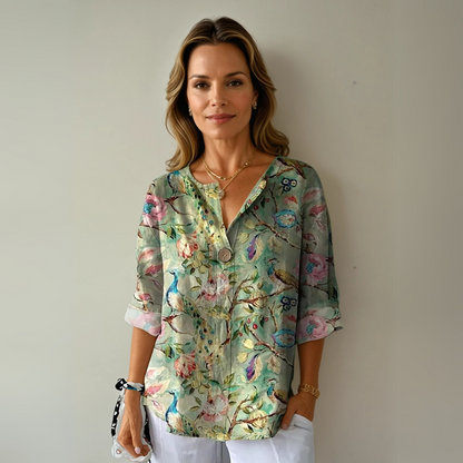 Women's Floral Blouse with V-Neck and Three-Quarter Sleeves, Loose Fit - 4