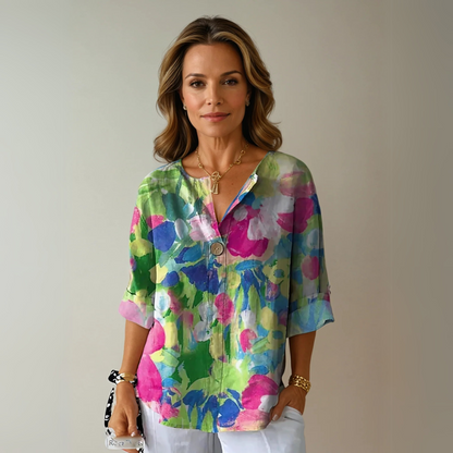 Women's Floral Blouse with V-Neck and Three-Quarter Sleeves, Loose Fit - 5