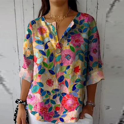 Women's Floral Blouse with V-Neck and Three-Quarter Sleeves, Loose Fit - 6