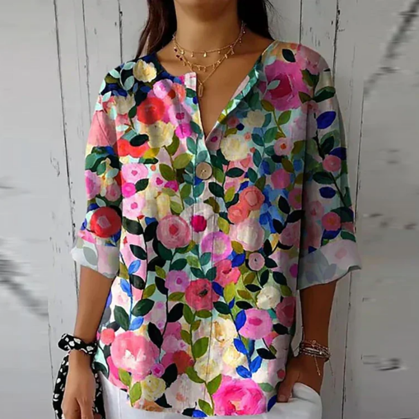 Femme Blouse Florale à Col en V et Manches Trois-Quarts Coupe Ample