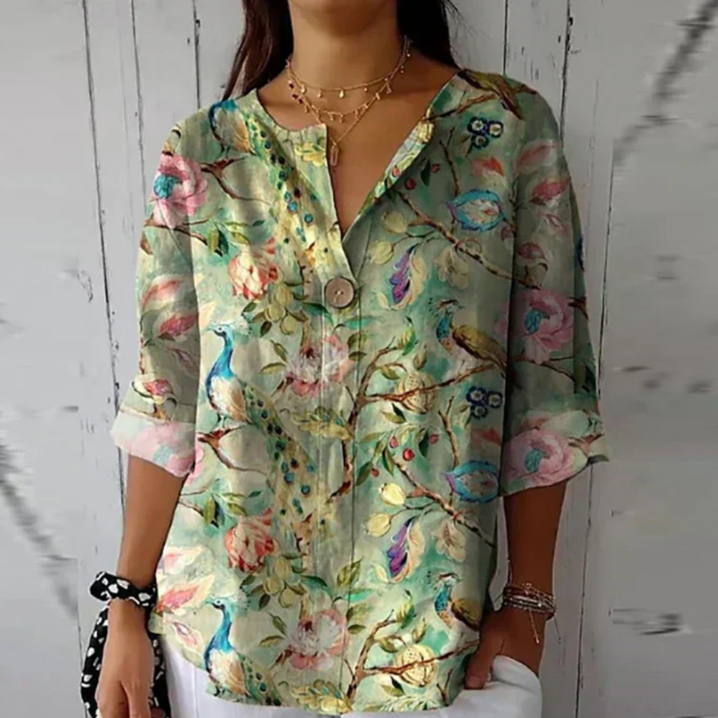 Femme Blouse Florale à Col en V et Manches Trois-Quarts Coupe Ample