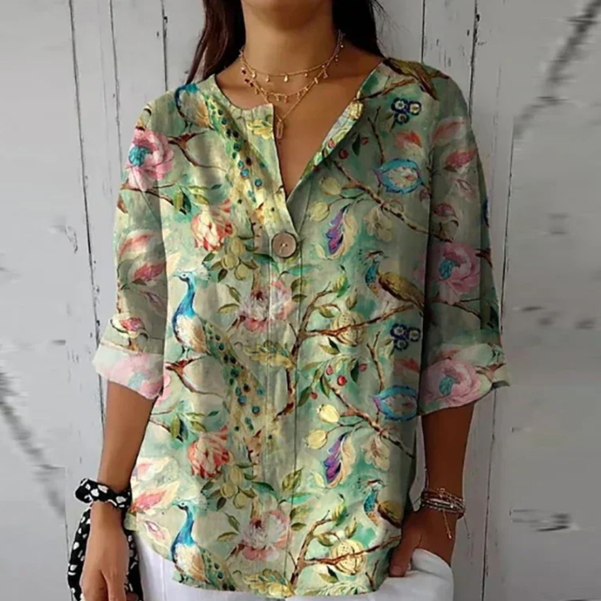 Femme Blouse Florale à Col en V et Manches Trois-Quarts Coupe Ample