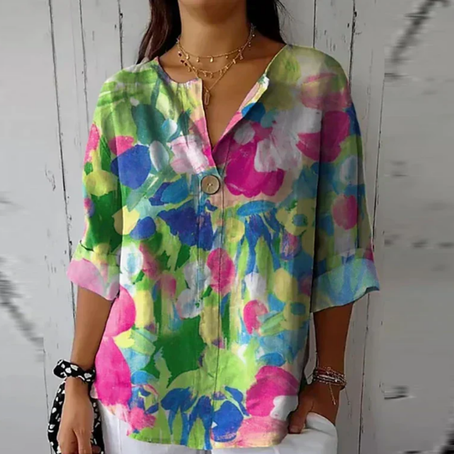 Femme Blouse Florale à Col en V et Manches Trois-Quarts Coupe Ample