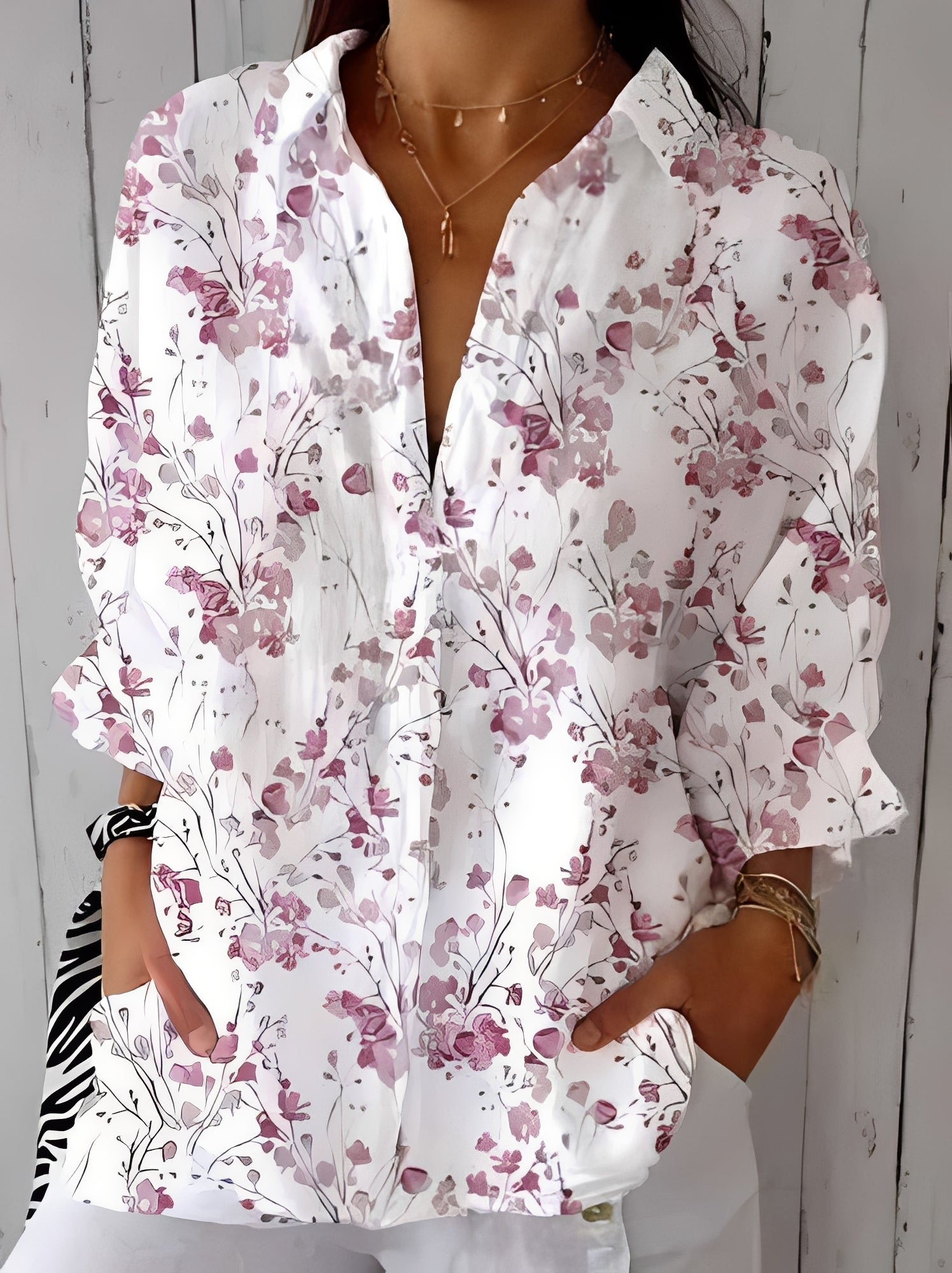 Femme Blouse Longue Manche avec Col en V et Imprimé